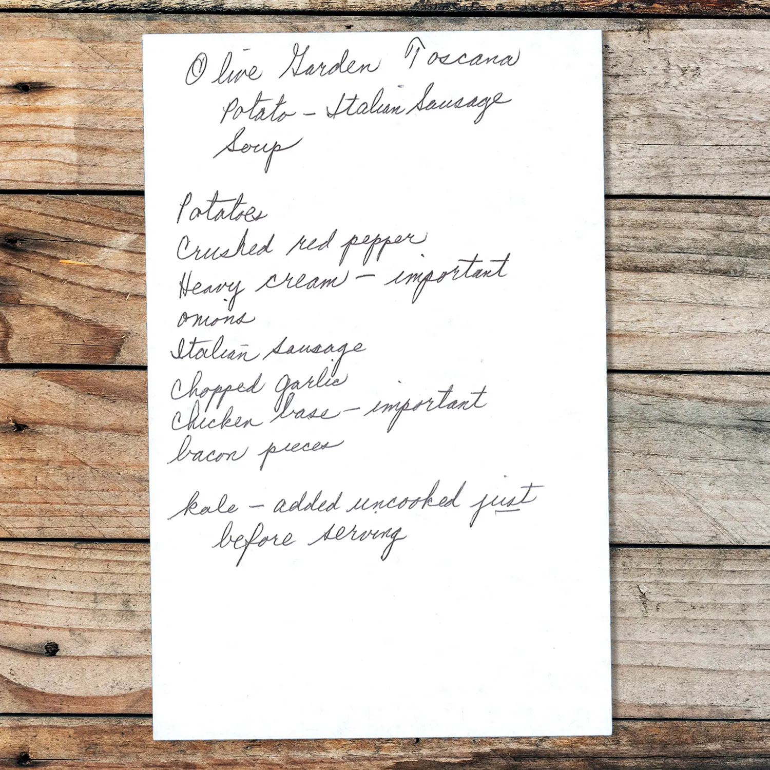 Handwritten recipe for Olive Garden Potato- Italian Sausage Soup
