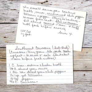 Recipe card with handwritten recipe for southwest couscous