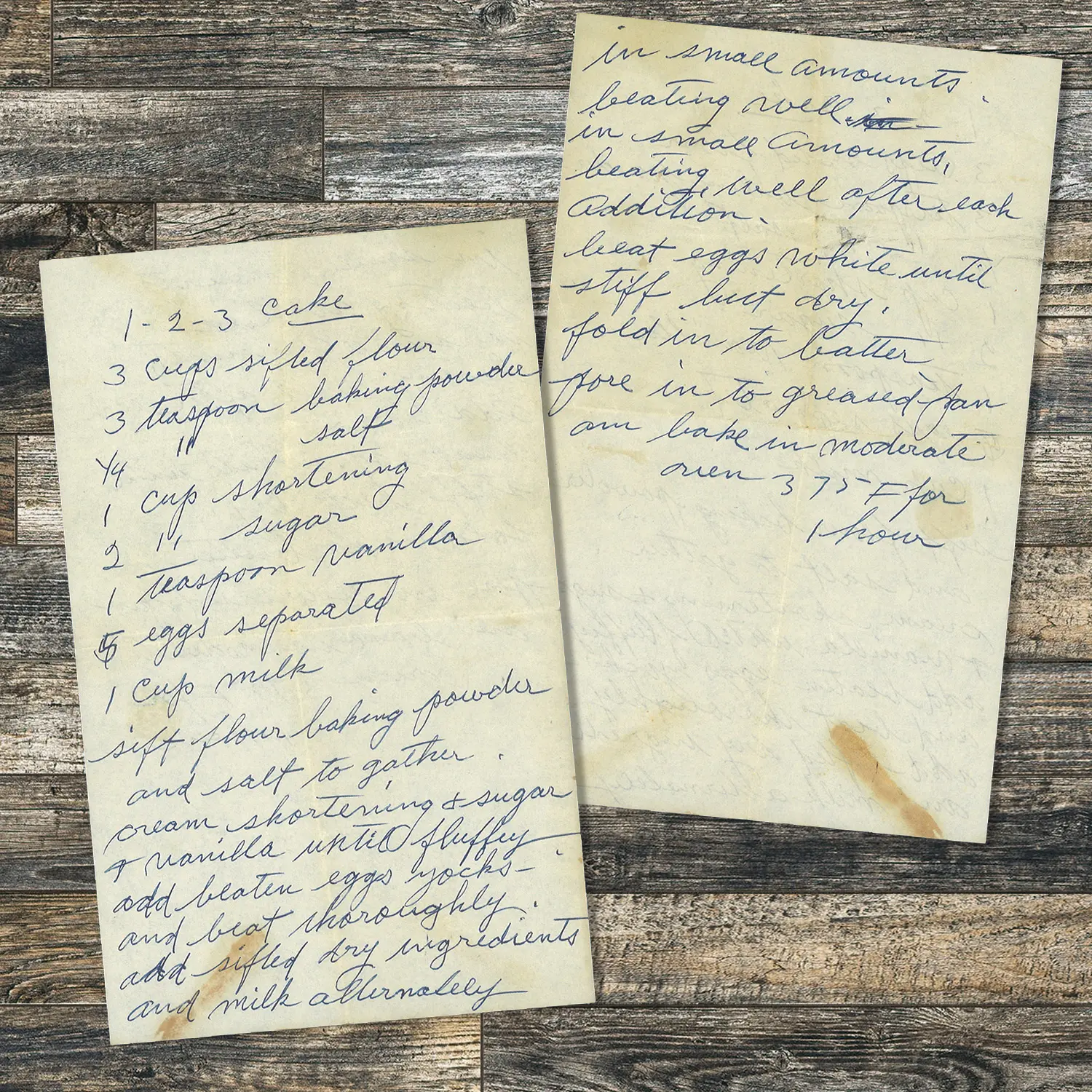 Handwritten recipe for 1-2-3 Cake