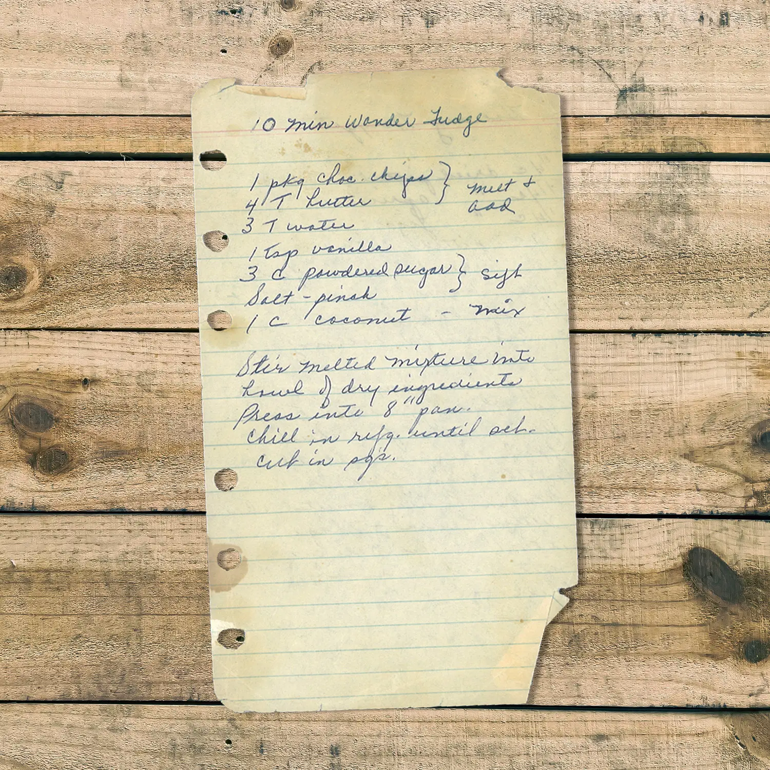 Handwritten recipe for 10 Minute Wonder Fudge