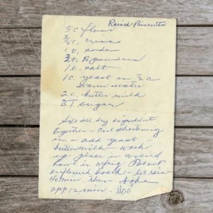Handwritten recipe for Raised Biscuits