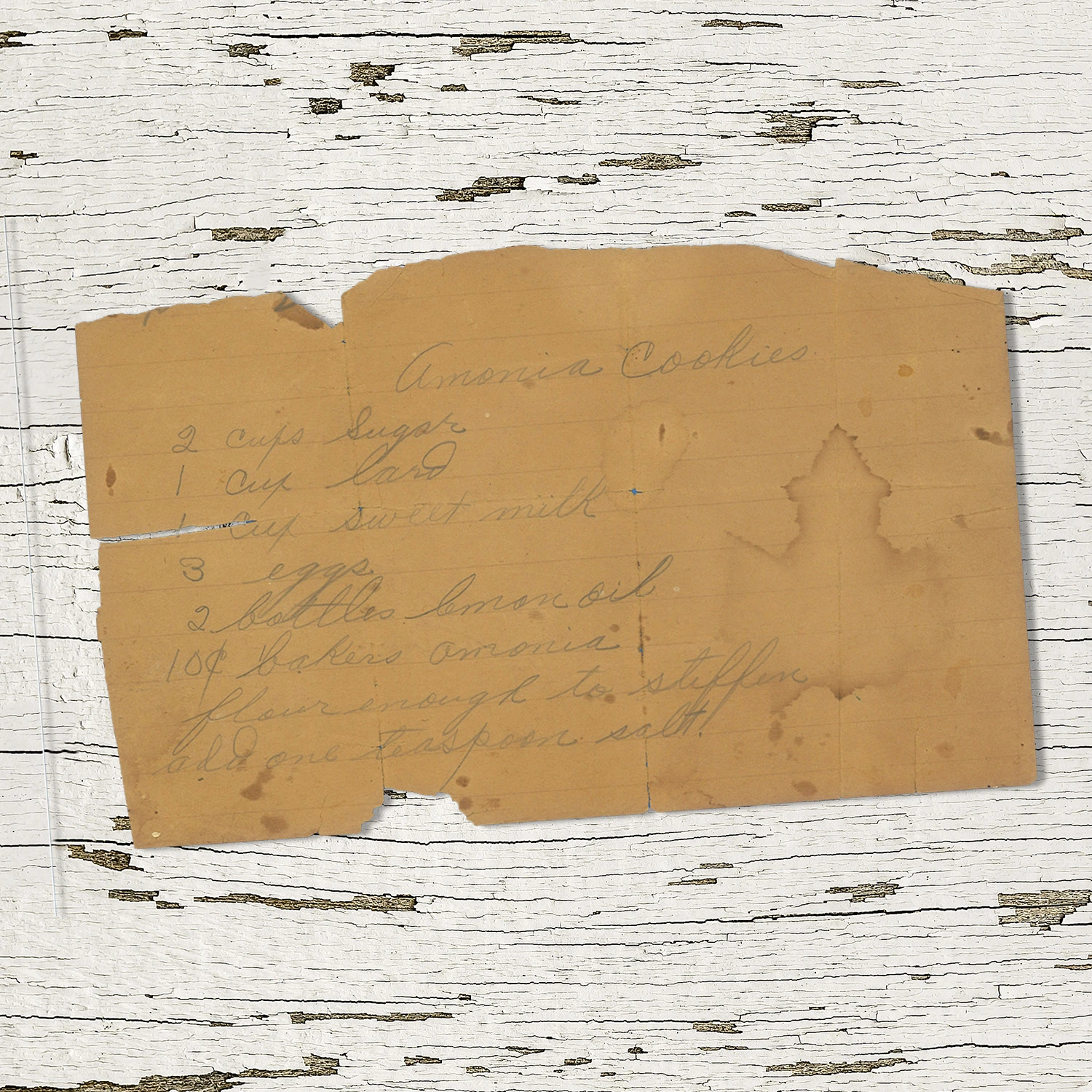 Handwritten recipe for Ammonia Cookies