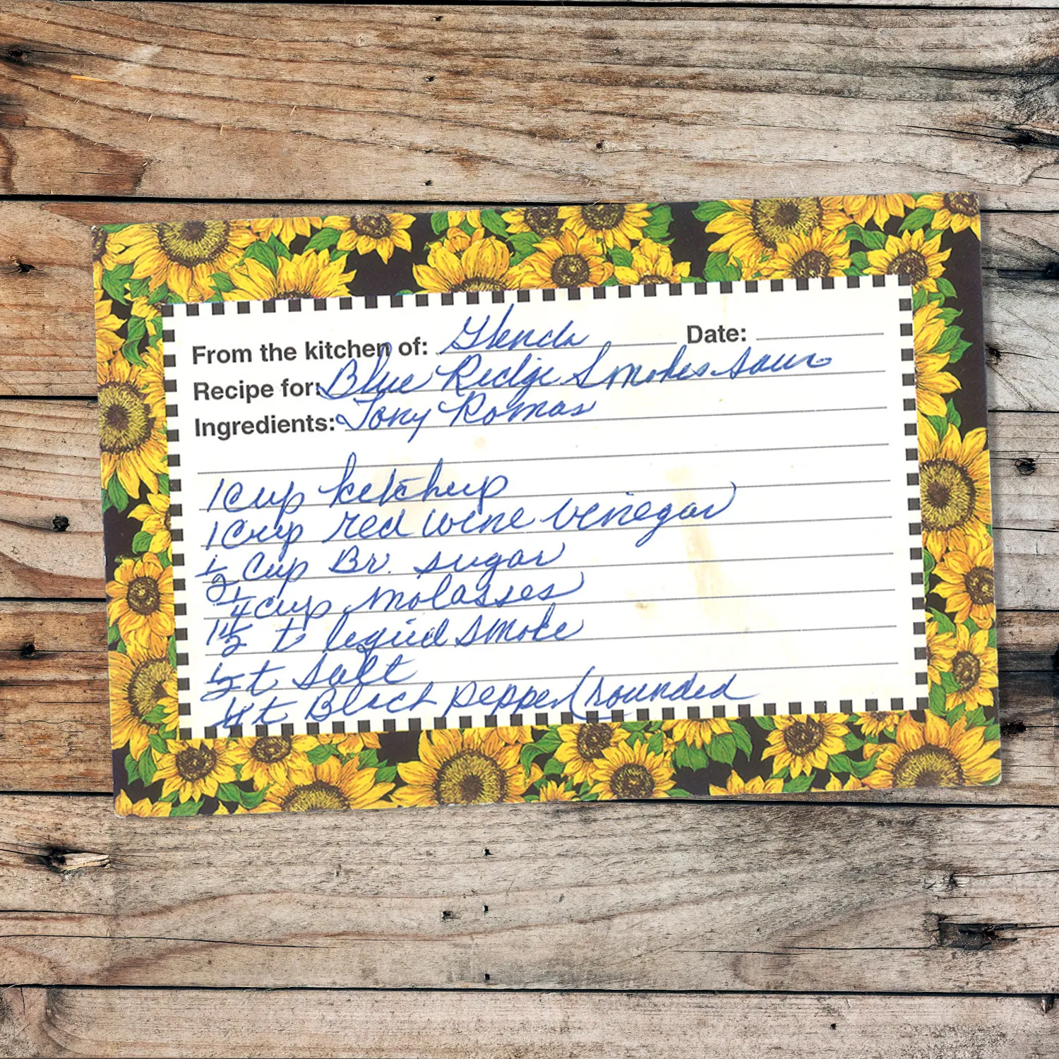 Handwritten recipe card for Tony Roma's Blue Ride smokies Sauce