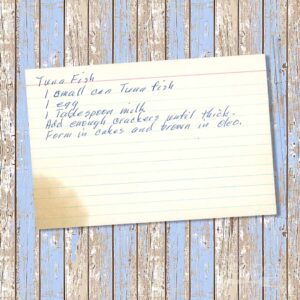 Handwritten recipe card for Tuna Fish Cakes