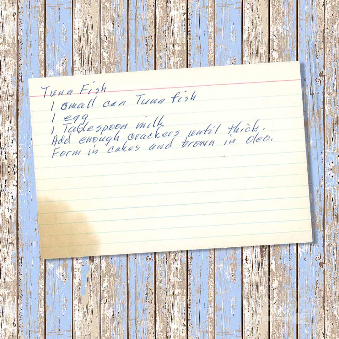 Handwritten recipe card for Tuna Fish Cakes