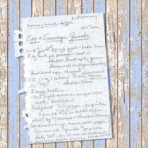 Handwritten recipe for egg and sausage quiche