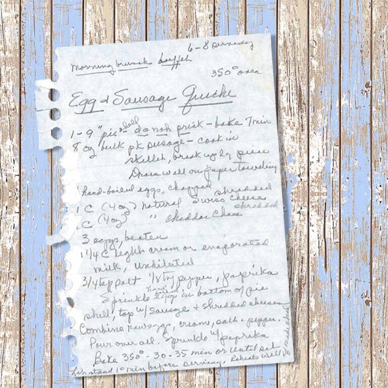 Handwritten recipe for egg and sausage quiche