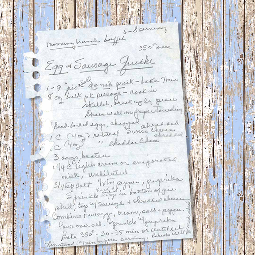 Handwritten recipe for egg and sausage quiche