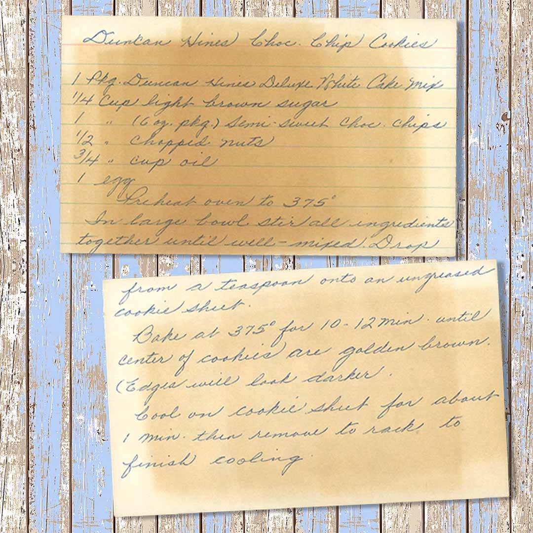 Handwritten recipe card for Duncan Hines Chocolate Chip Cookies