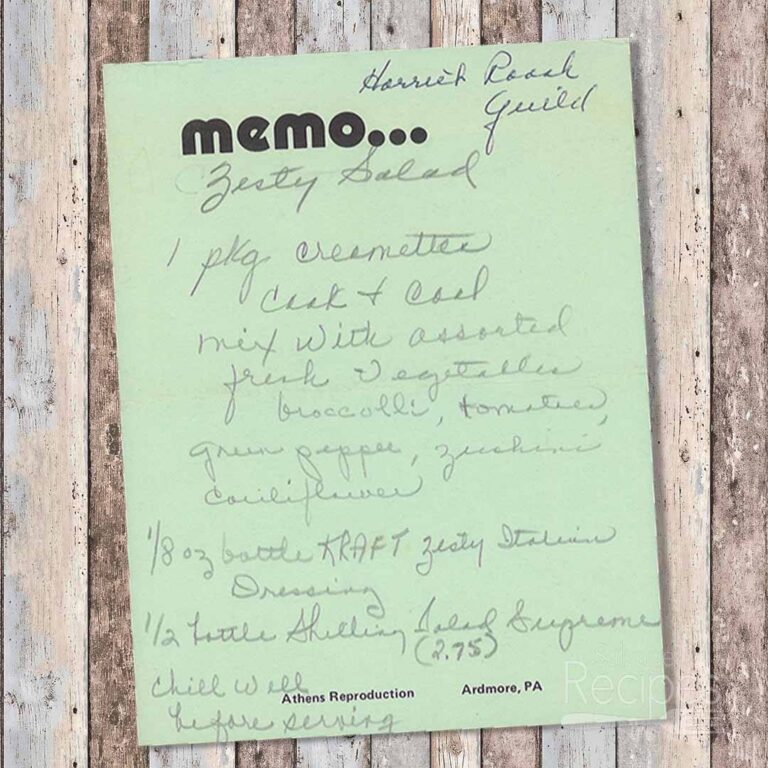 Handwritten recipe for Zesty Salad from Harriet Roach Guild