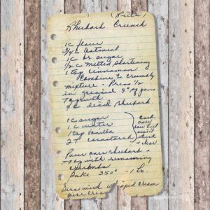 Handwritten recipe for Rhubarb Crunch