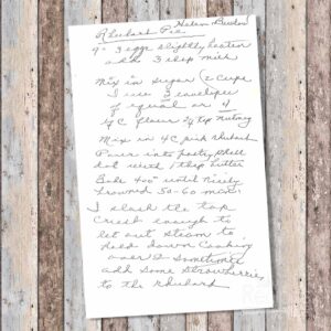 Handwritten recipe for Rhubarb Pie from Helen Buelow