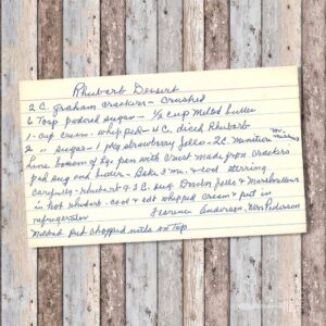 Handwritten recipe card for Rhubarb Dessert