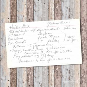 Handwritten recipe for Chicken Stock from Graham Kerr
