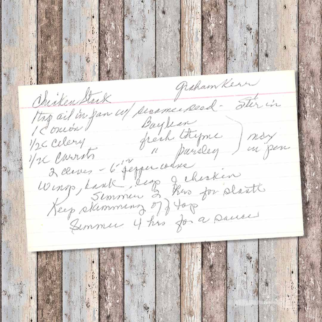 Handwritten recipe for Chicken Stock from Graham Kerr