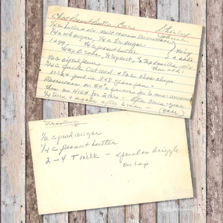 Handwritten recipe card for Chocolate Peanut Butter Bars from Shirley Johnson