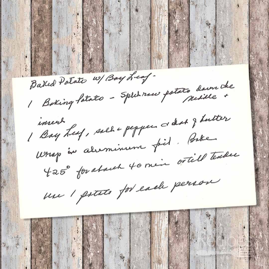 Handwritten recipe for Baked Potato with Bay Leaf