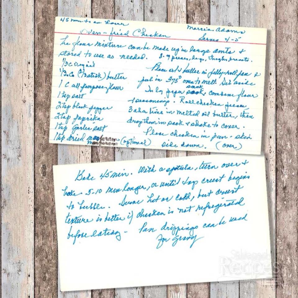 Handwritten recipe card for Oven Fried Chicken from Maria Adams