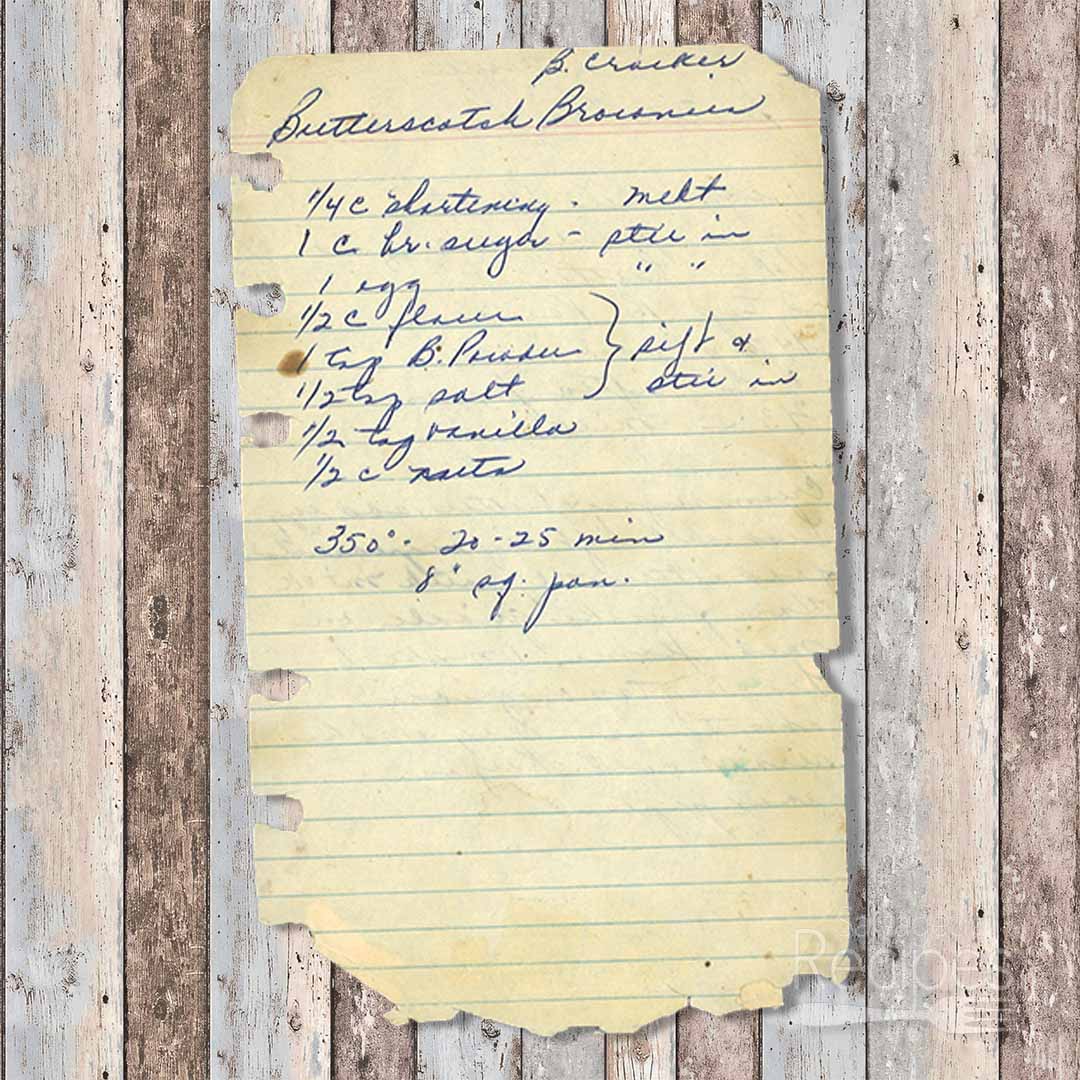 Handwritten recipe for Butterscotch Brownies from Betty Crocker