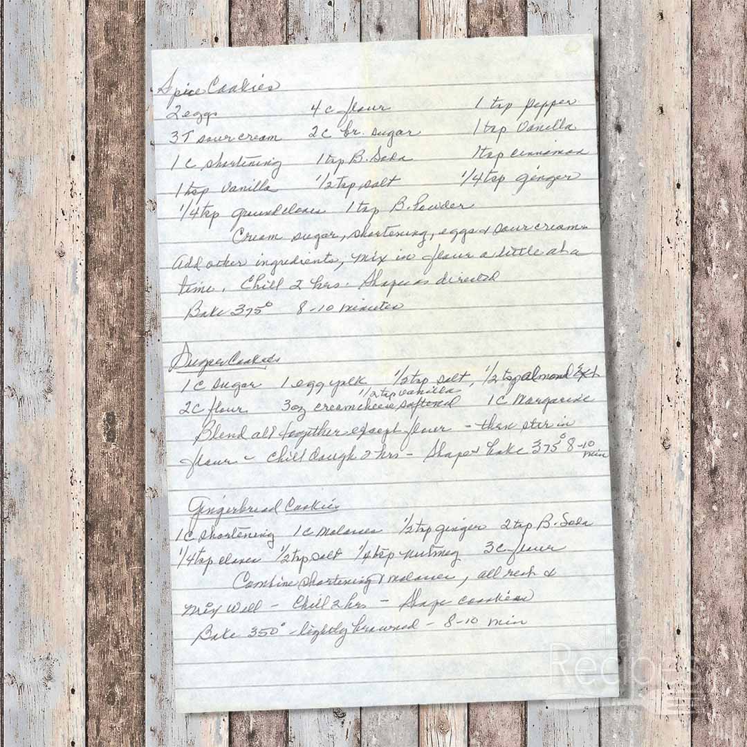 Handwritten recipe for Spice Cookies, Sugar Cookies and Gingerbread Cookies