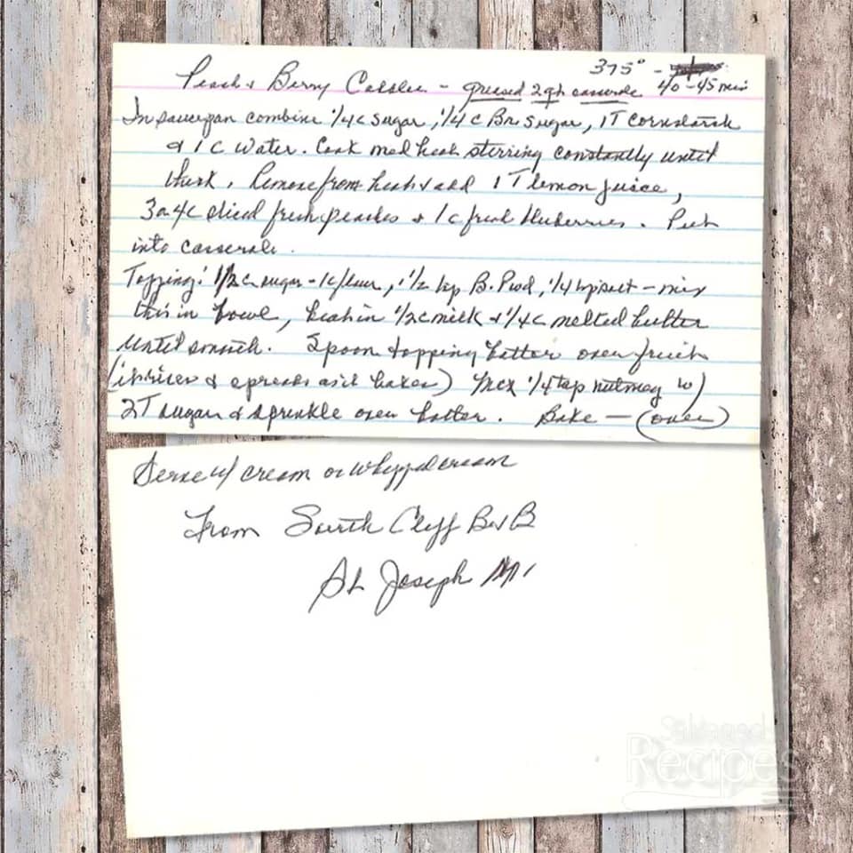 Handwritten recipe for Peach and Berry Cobbler