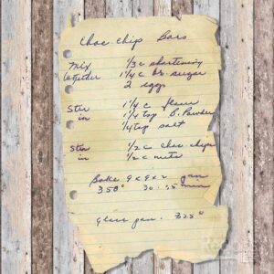 Handwritten recipe for Chocolate Chip Bars