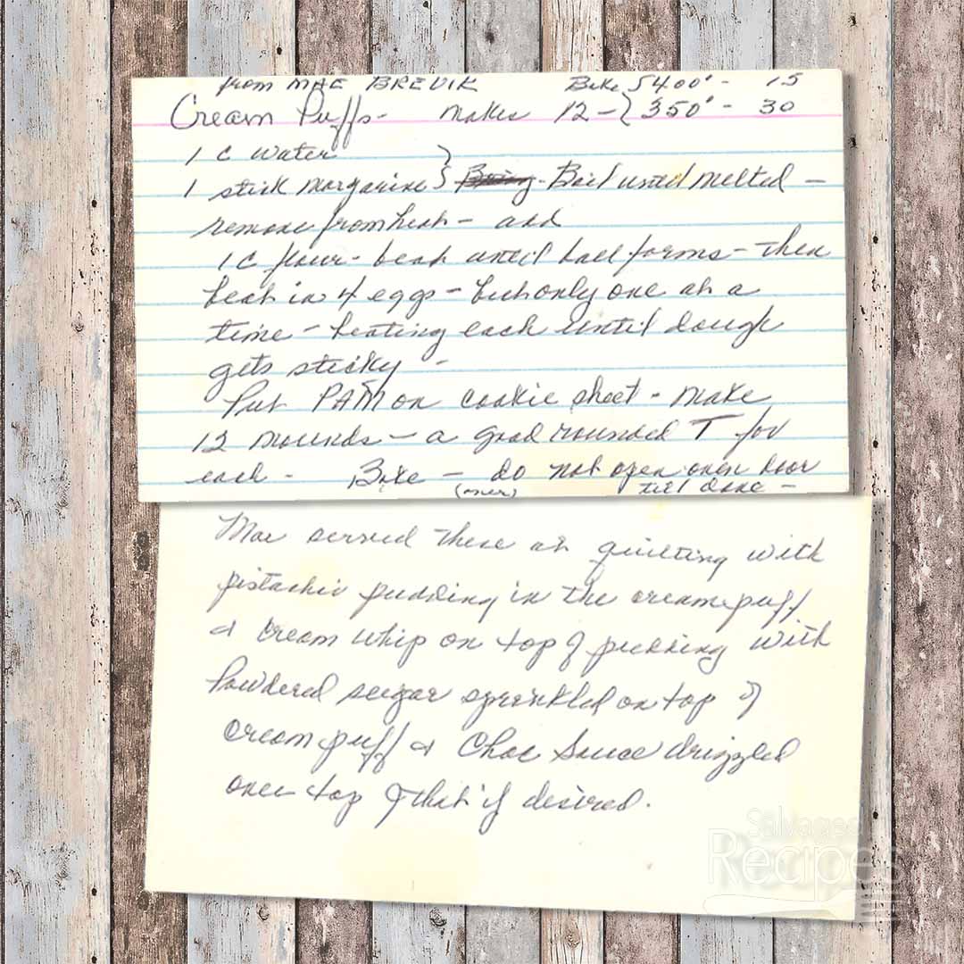 Handwritten recipe card for Cream Puffs from Mae Brevik