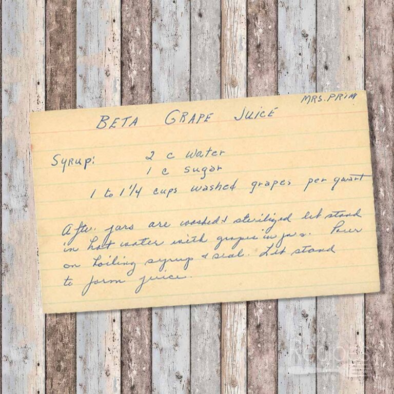 Handwritten recipe card for Beta Grape Juice from Mrs. Prim