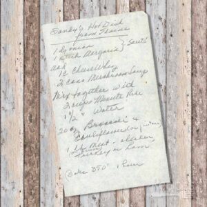 HAndwritten recipe for Sandy's Hot Dish from Elaine