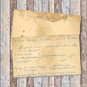 Handwritten recipe card for Million Dollar Pickles from Mrs. Lindquist