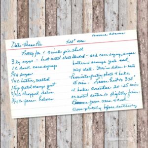 Handwritten recipe card for Date-Pecan Pie from Maria Adams