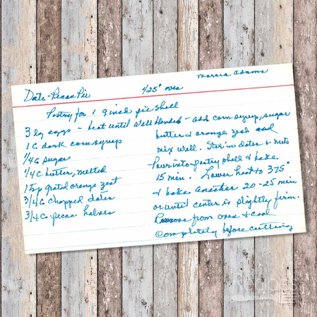 Handwritten recipe card for Date-Pecan Pie from Maria Adams