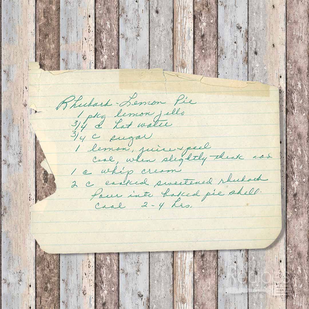 Handwritten recipe for Lemon Rhubarb Pie