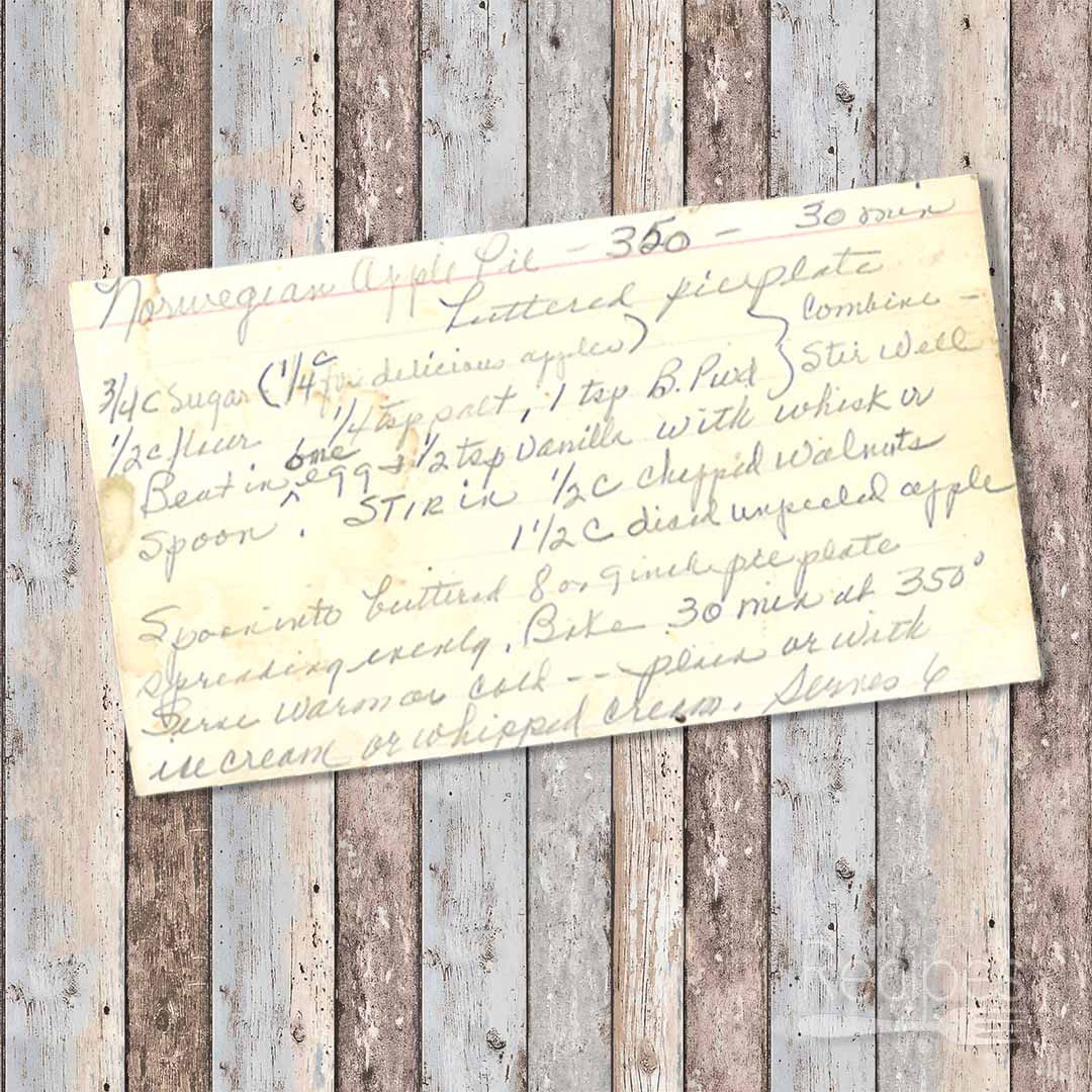 Handwritten recipe card for Norwegian Apple Pie