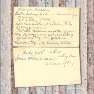Handwritten recipe card for Rhubarb Pudding