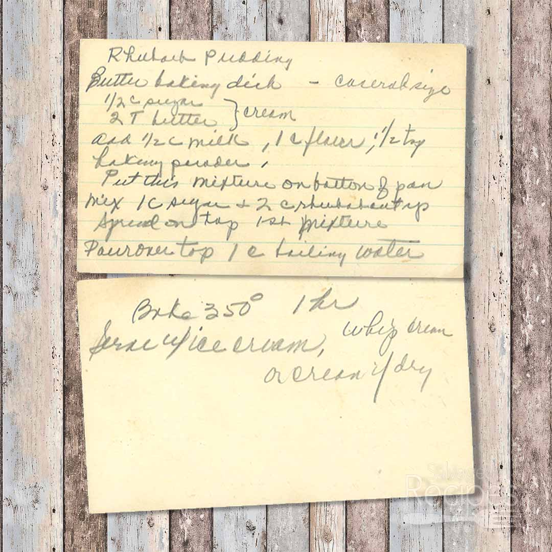 Handwritten recipe card for Rhubarb Pudding