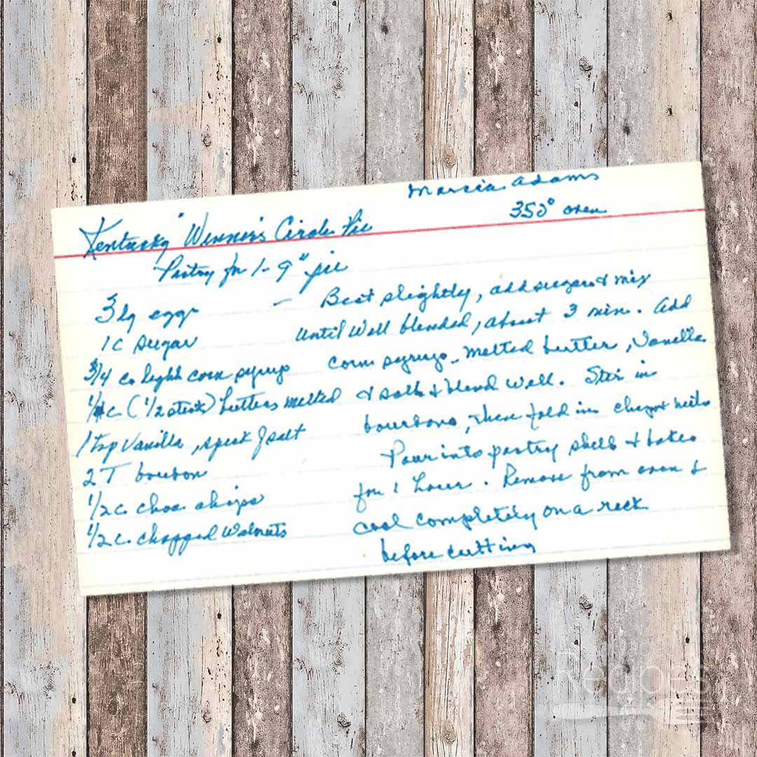 Handwritten recipe card for Kentucky Winners Circle Pie from Maria Adams