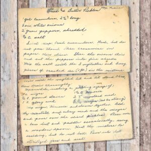 Handwritten recipe card for Bread and Butter Pickles
