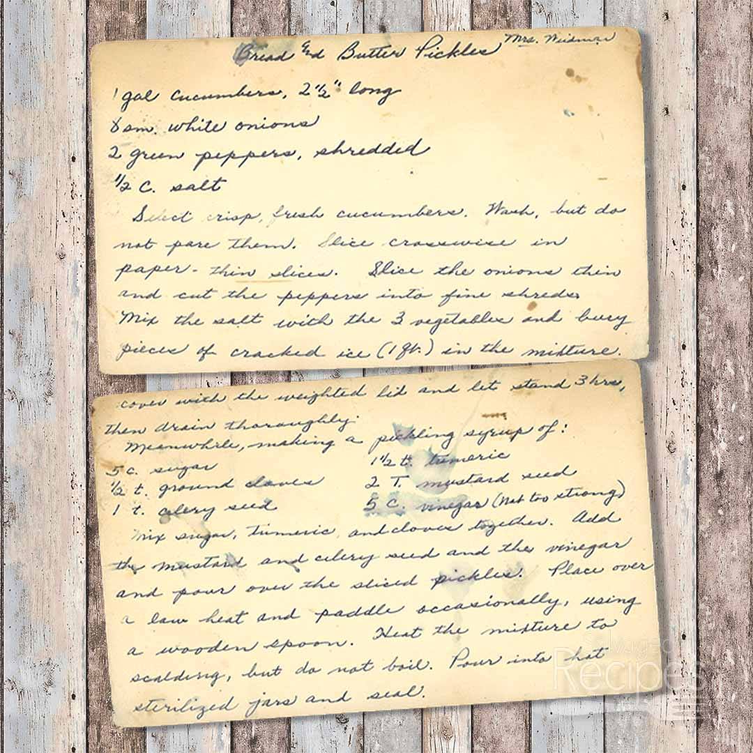 Handwritten recipe card for Bread and Butter Pickles