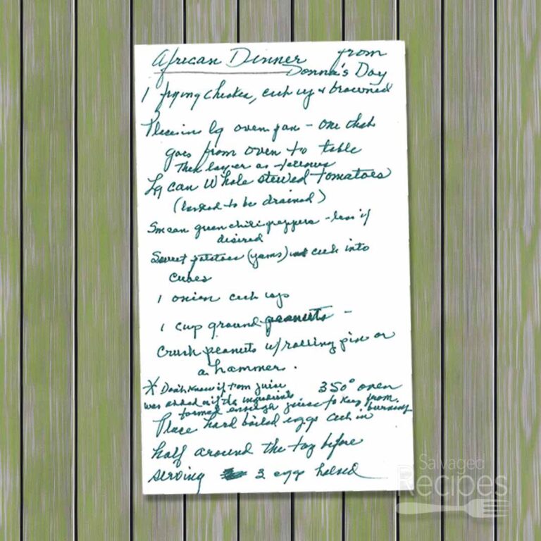 Handwritten recipe for "African Dinner"