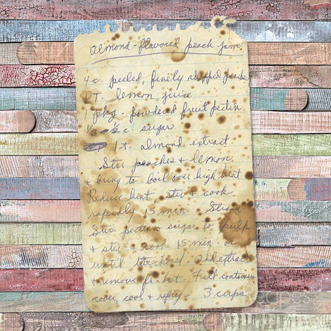 Handwritten recipe for Almond Flavored Peach Jam