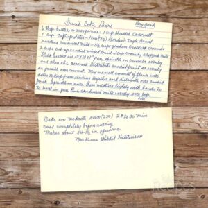 Handwritten recipe card for Fruit Cake Bars