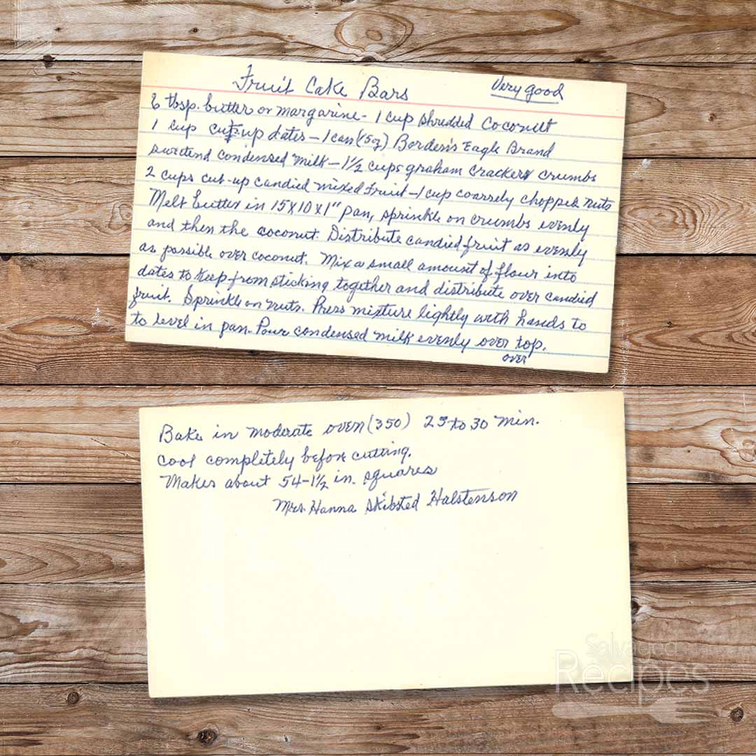 Handwritten recipe card for Fruit Cake Bars