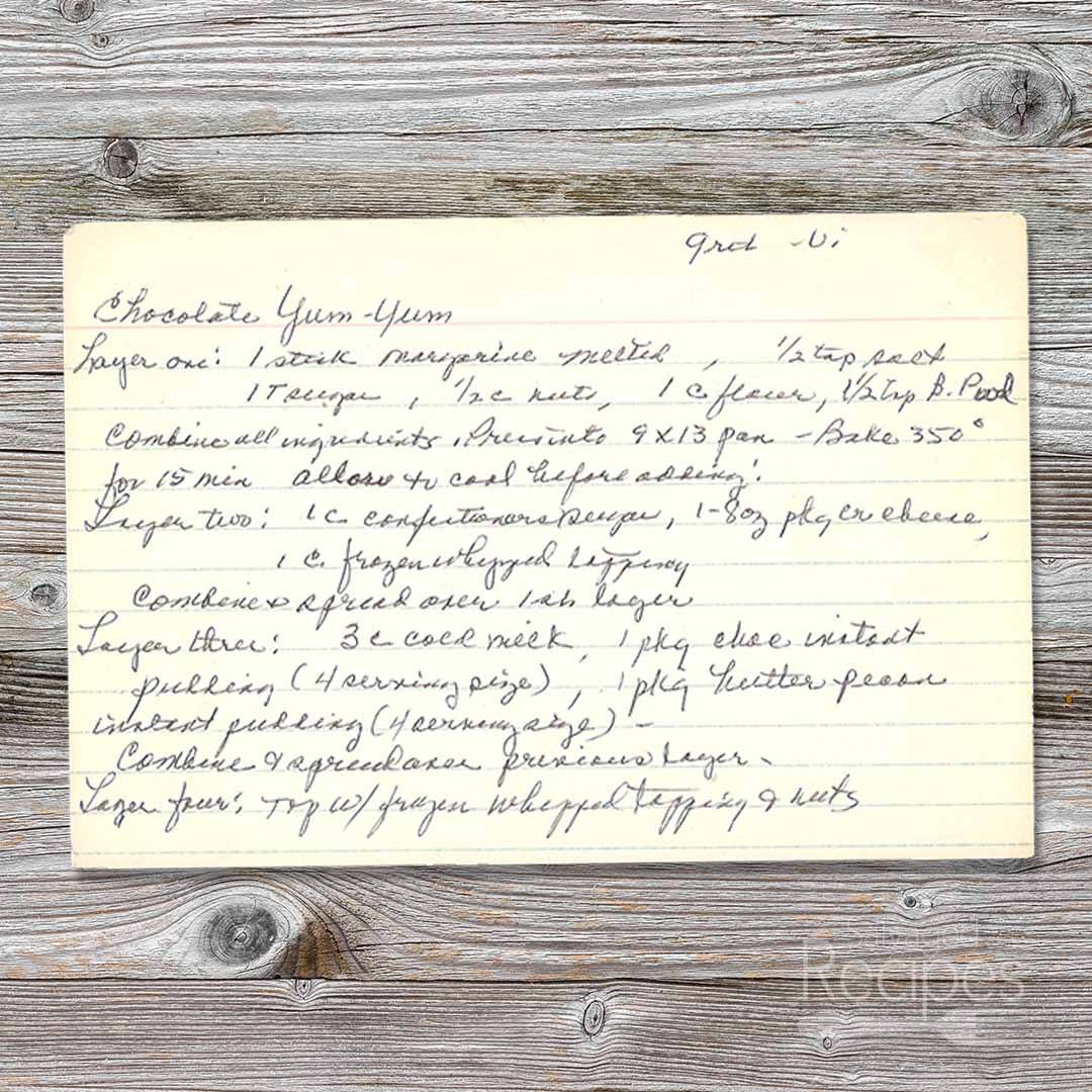 Handwritten recipe card for Chocolate Yum Yum