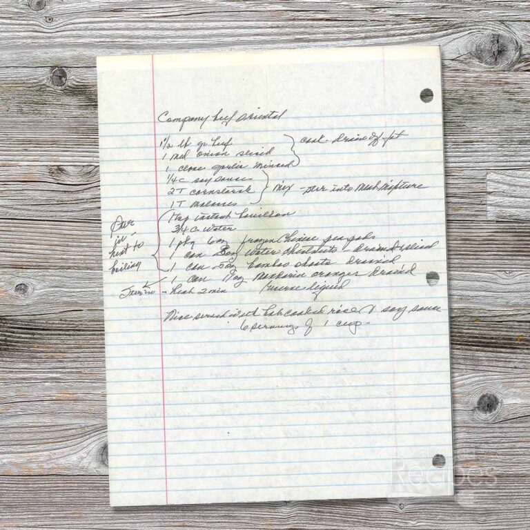 Handwritten recipe for Company Beef Oriental