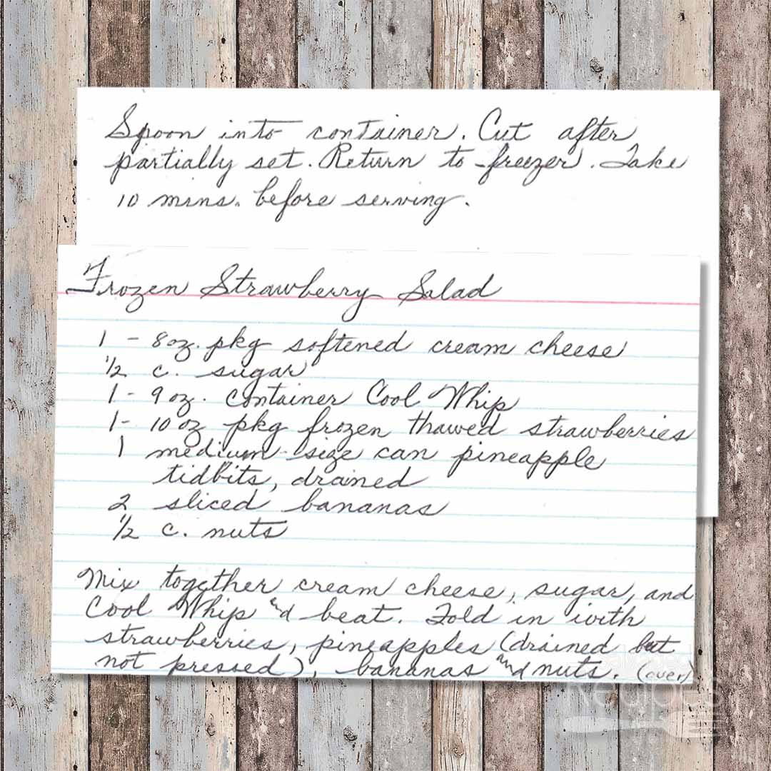 Handwritten recipe card for Frozen Strawberry Salad