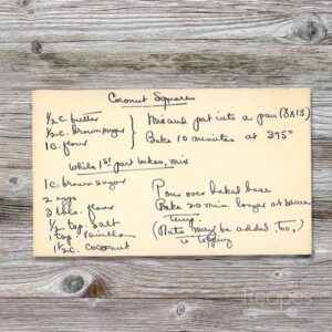 Handwritten recipe card for Coconut Squares