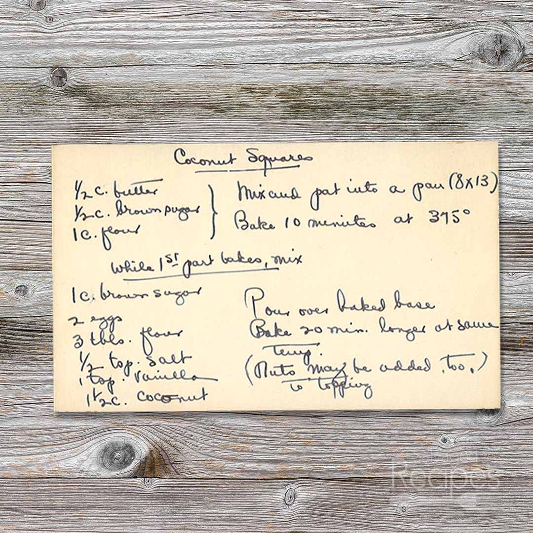 Handwritten recipe card for Coconut Squares