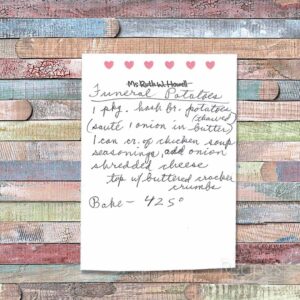 Handwritten potatoes for Funeral Potatoes