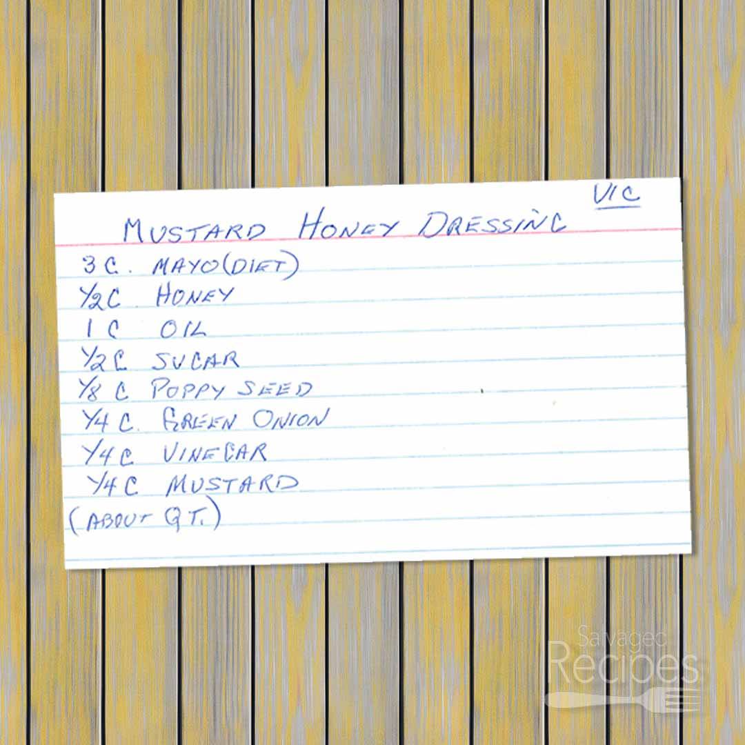 Handwritten recipe card for Mustard Honey Dressing from Vic